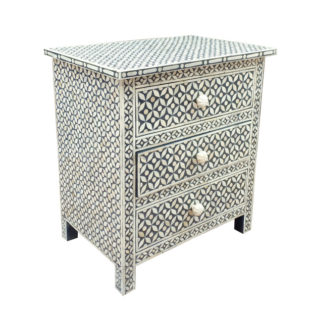 Bone Inlay Large 3 Drawer Bedside Table - Black Geometric - Abacus and Hunt Melbourne | Unique Furniture