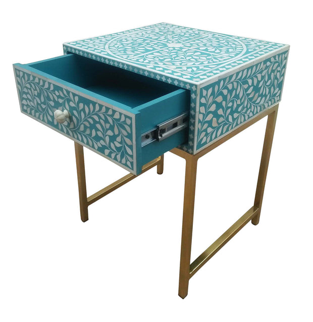 Bone Inlay 1 Drawer Bedside Table - Teal Green Floral