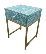 Bone Inlay 1 Drawer Bedside Table - Teal Green Floral