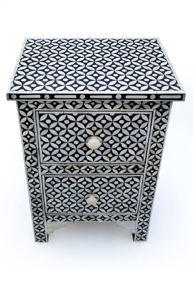 Bone Inlay Bedside, with 2 Drawers - Black Geometric - Abacus and Hunt Melbourne | Unique Furniture