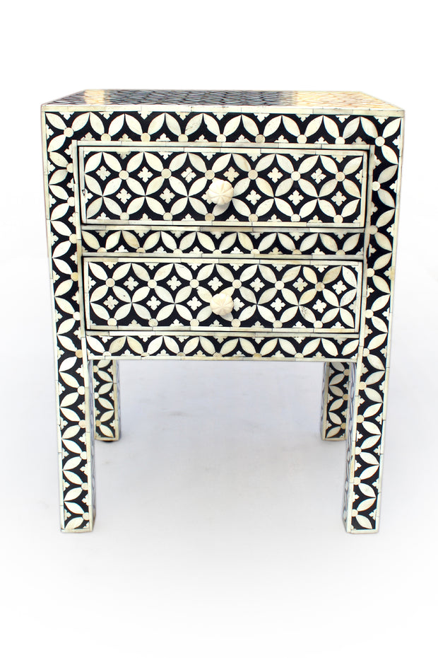 Bone Inlay Bedside Table with 2 Drawers -  Black Geometric - Abacus and Hunt Melbourne | Unique Furniture