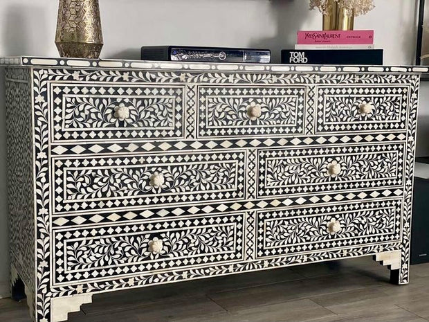 Bone Inlay 7 Drawer Chest of Drawers - Black Floral - Abacus and Hunt