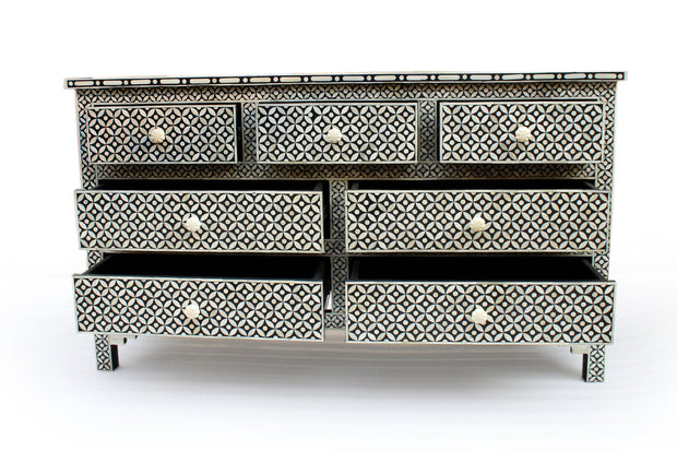 Bone Inlay 7 Drawer Chest of Drawers - Black Geometric - Abacus and Hunt Melbourne | Unique Furniture