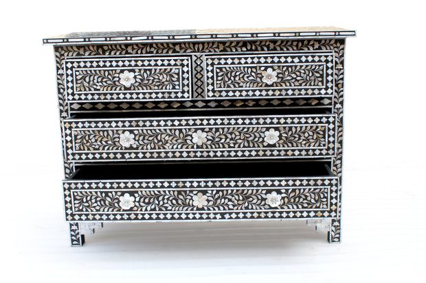 Mother of Pearl Inlay 4 Drawer Chest of Drawers - Black Floral - Abacus and Hunt Melbourne | Unique Furniture