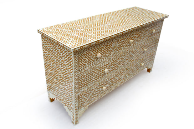 Bone Inlay 7 Drawer Chest fo Drawers - Mustard Yellow Geometric - Abacus and Hunt Melbourne | Unique Furniture
