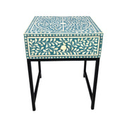 Bone Inlay 1 Drawer Bedside Table with Black Frame- Turquoise Green Floral