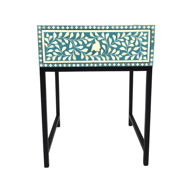 Bone Inlay 1 Drawer Bedside Table with Black Frame- Turquoise Green Floral