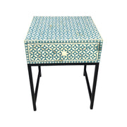 Bone Inlay 1 Drawer Bedside Table with Black Frame - Turquoise Green Geometric