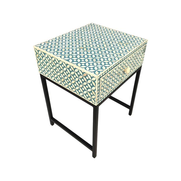 Bone Inlay 1 Drawer Bedside Table with Black Frame - Turquoise Green Geometric