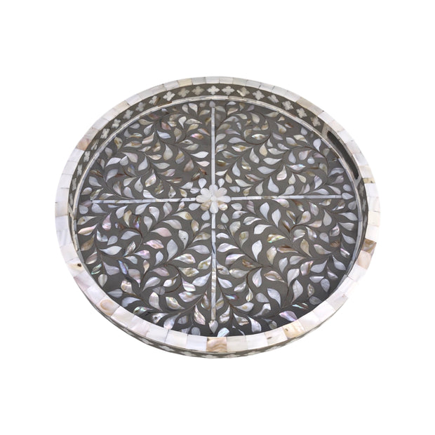 Round Mother of Pearl Inlay Tray - Grey Floral