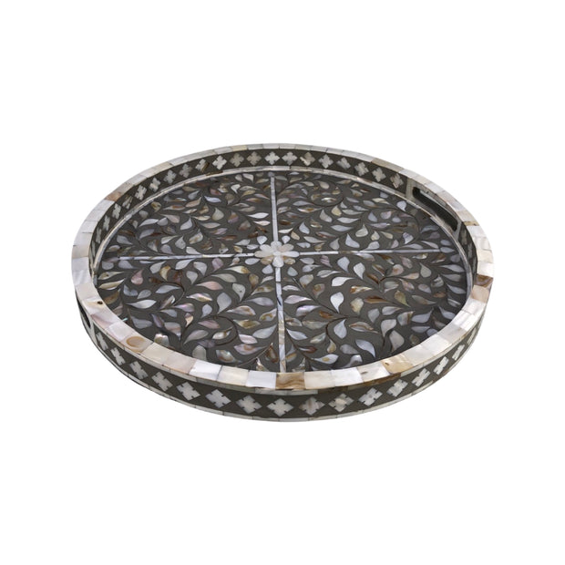 Round Mother of Pearl Inlay Tray - Light Grey Floral