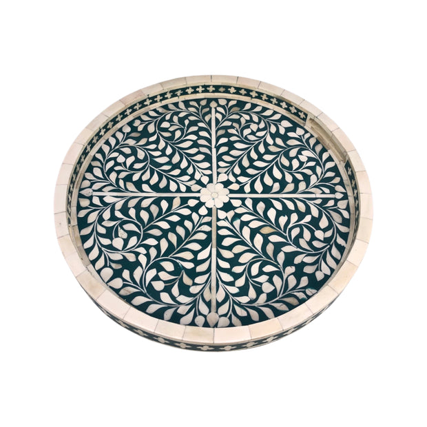 Round Bone Inlay Tray - Deep Green Floral