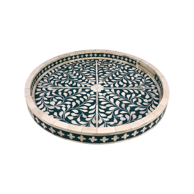 Round Bone Inlay Tray - Deep Green Floral