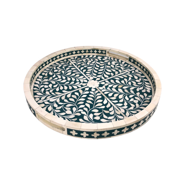 Round Bone Inlay Tray - Deep Green Floral