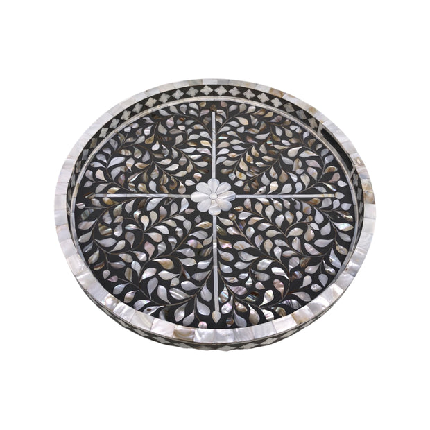 Round Mother of Pearl Inlay Tray - Dark Grey Floral