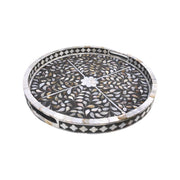 Round Mother of Pearl Inlay Tray - Dark Grey Floral