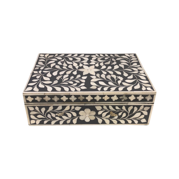 Bone Inlay Box Medium - Dark Grey Floral