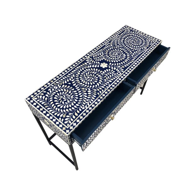 Bone Inlay 2 Drawer Hall or Side Table with Black Frame - Indigo Blue Floral