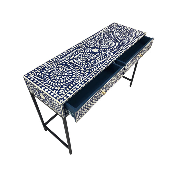 Bone Inlay 2 Drawer Hall or Side Table with Black Frame - Indigo Blue Floral