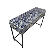 Bone Inlay 2 Drawer Hall or Side Table with Black Frame - Indigo Blue Floral