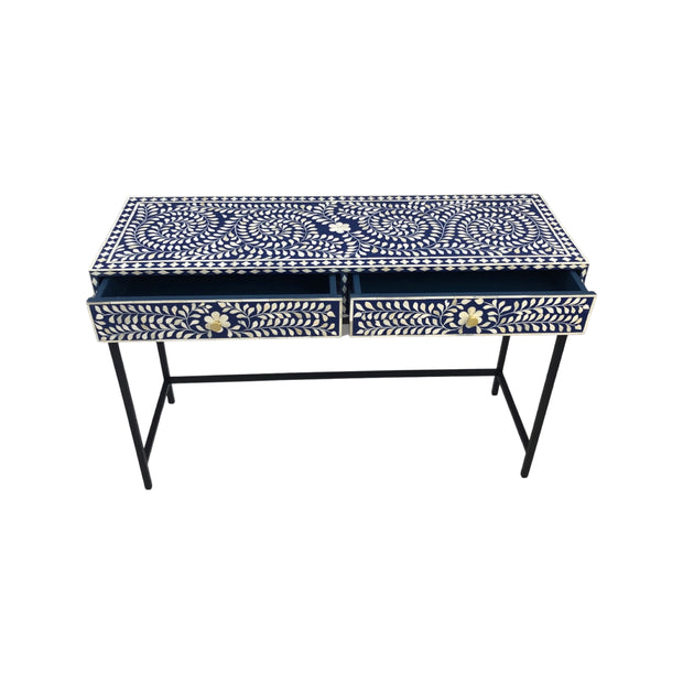 Bone Inlay 2 Drawer Hall or Side Table with Black Frame - Indigo Blue Floral