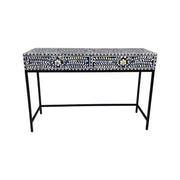 Bone Inlay 2 Drawer Hall or Side Table with Black Frame - Indigo Blue Floral