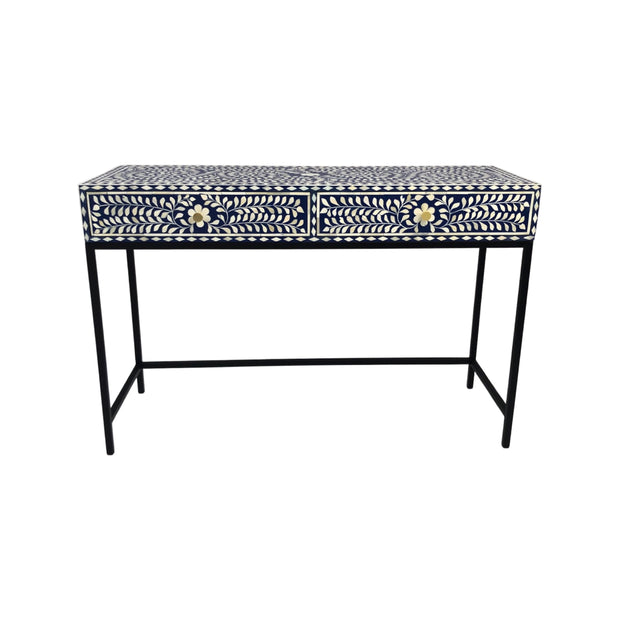 Bone Inlay 2 Drawer Hall or Side Table with Black Frame - Indigo Blue Floral