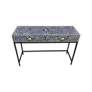 Bone Inlay 2 Drawer Hall or Side Table with Black Frame - Indigo Blue Floral