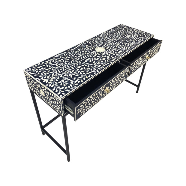 Bone Inlay 2 Drawer Hall or Side Table with Black Frame - Black Floral