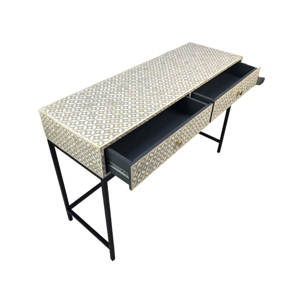 Bone Inlay 2 Drawer Hall or Side Table with Black Frame  - Light Grey Geometric