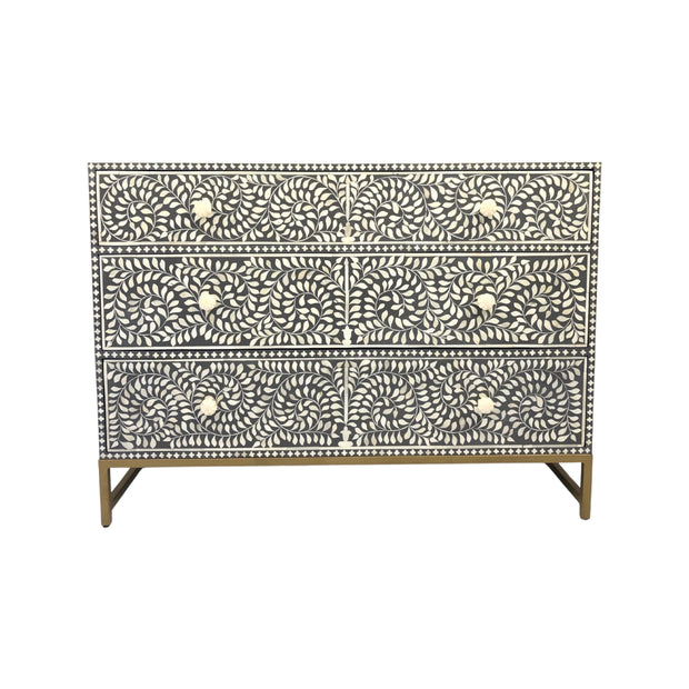 Bone Inlay 3 Drawer Chest of Drawers - Dark Grey Floral