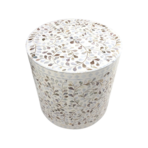 Mother of Pearl Inlay Drum Side Table with Gold Base - White Floral