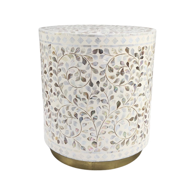 Mother of Pearl Inlay Drum Side Table with Gold Base - White Floral