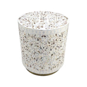 Mother of Pearl Inlay Drum Side Table with Gold Base - White Floral