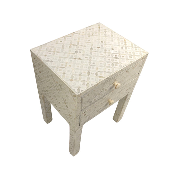 Bone Inlay Bedside Table 2 Drawers -  White Geometric