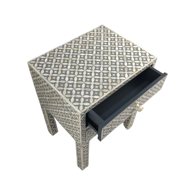 Bone Inlay Bedside Table 2 Drawers -  Grey Geometric