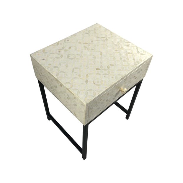 Bone Inlay 1 Drawer Bedside Table with Black Frame - White Geometric