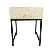 Bone Inlay 1 Drawer Bedside Table with Black Frame - White Geometric