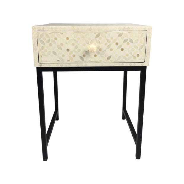 Bone Inlay 1 Drawer Bedside Table with Black Frame - White Geometric