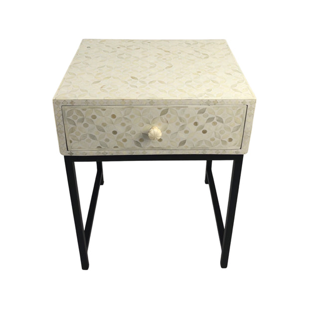 Bone Inlay 1 Drawer Bedside Table with Black Frame - White Geometric