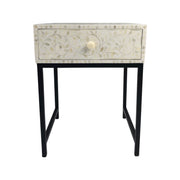 Bone Inlay 1 Drawer Bedside Table with Black Frame - White Floral