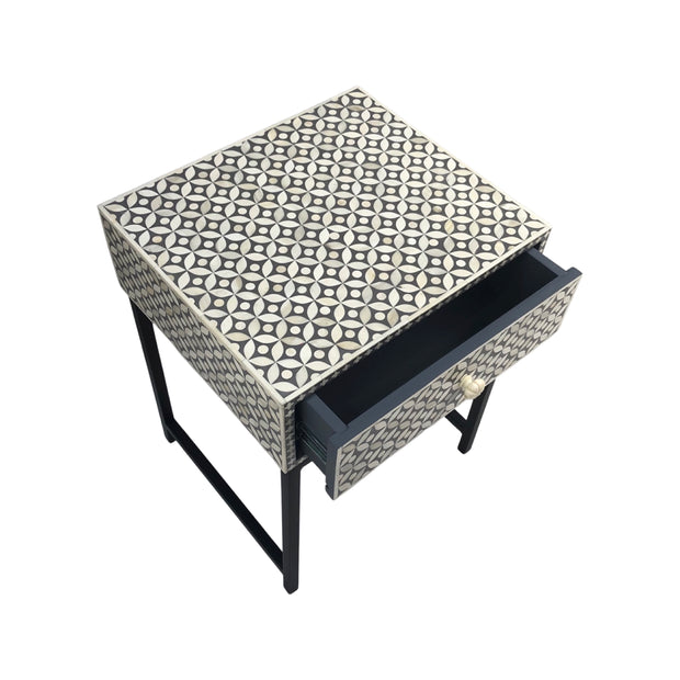 Bone Inlay 1 Drawer Bedside Table with Black Frame- Charcoal Grey Geometric