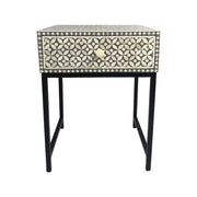 Bone Inlay 1 Drawer Bedside Table with Black Frame- Charcoal Grey Geometric