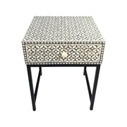 Bone Inlay 1 Drawer Bedside Table with Black Frame- Charcoal Grey Geometric