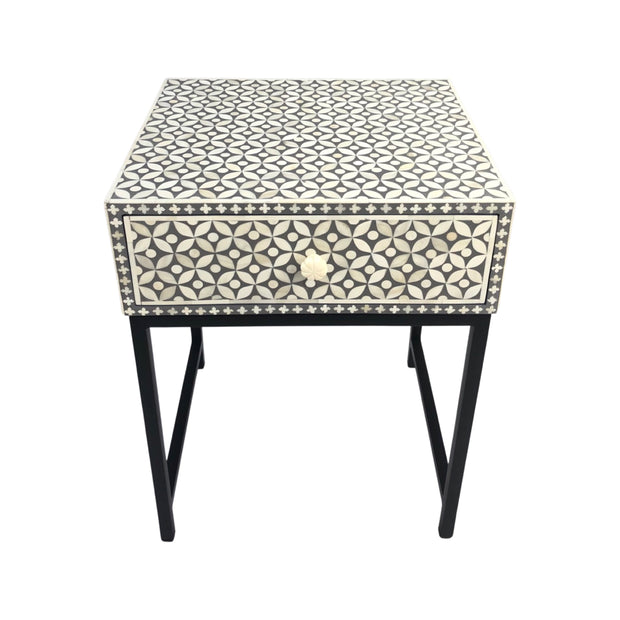 Bone Inlay 1 Drawer Bedside Table with Black Frame- Charcoal Grey Geometric