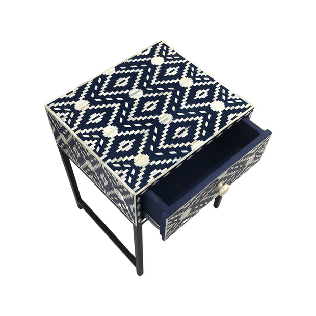 Bone Inlay 1 Drawer Bedside Table with Black Frame - Navy Blue Ikat