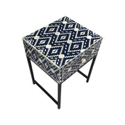 Bone Inlay 1 Drawer Bedside Table with Black Frame - Navy Blue Ikat