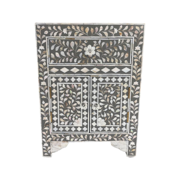 Mother of Pearl Inlay Bedside Table - Grey Floral