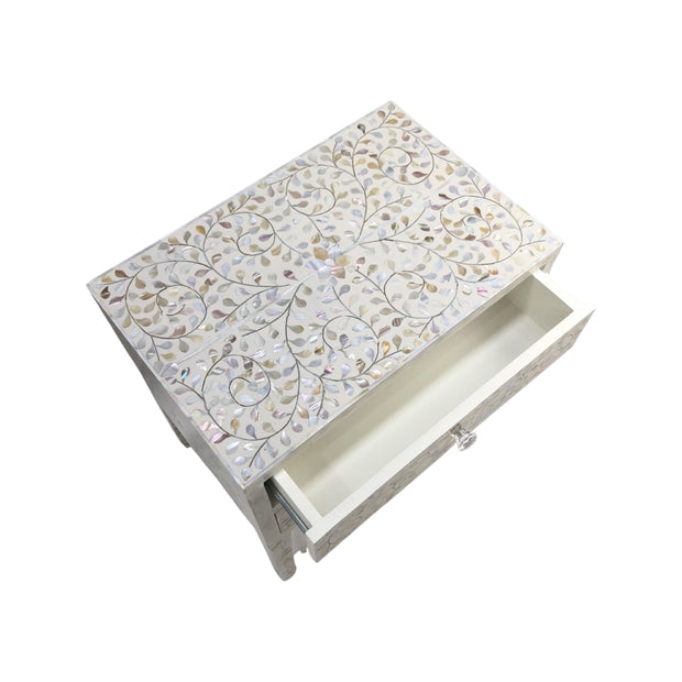 Mother of Pearl Inlay 2 Draw Bedside Table (LARGE) - White
