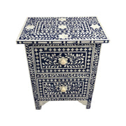 Bone Inlay Bedside Table 2 Draw - Navy Blue Floral
